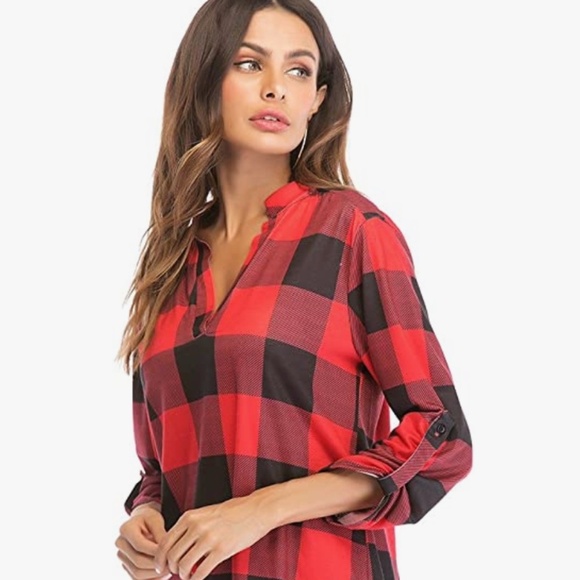 Women Roll-Up 3/4 Sleeve Plaid Shirt Tunic V Neck Casual Pullover Blouses Tops - Picture 3 of 6